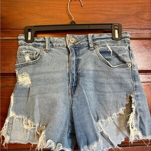 Blue Distressed Jean Shorts with Frayed Hem